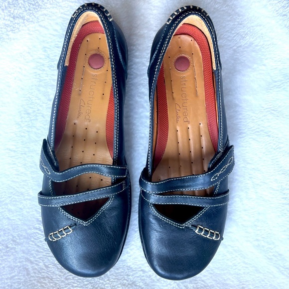 Clarks Unstructured Mary Jane Flats Womens Size 9 Navy Leather Loafers Mocs - Picture 6 of 14